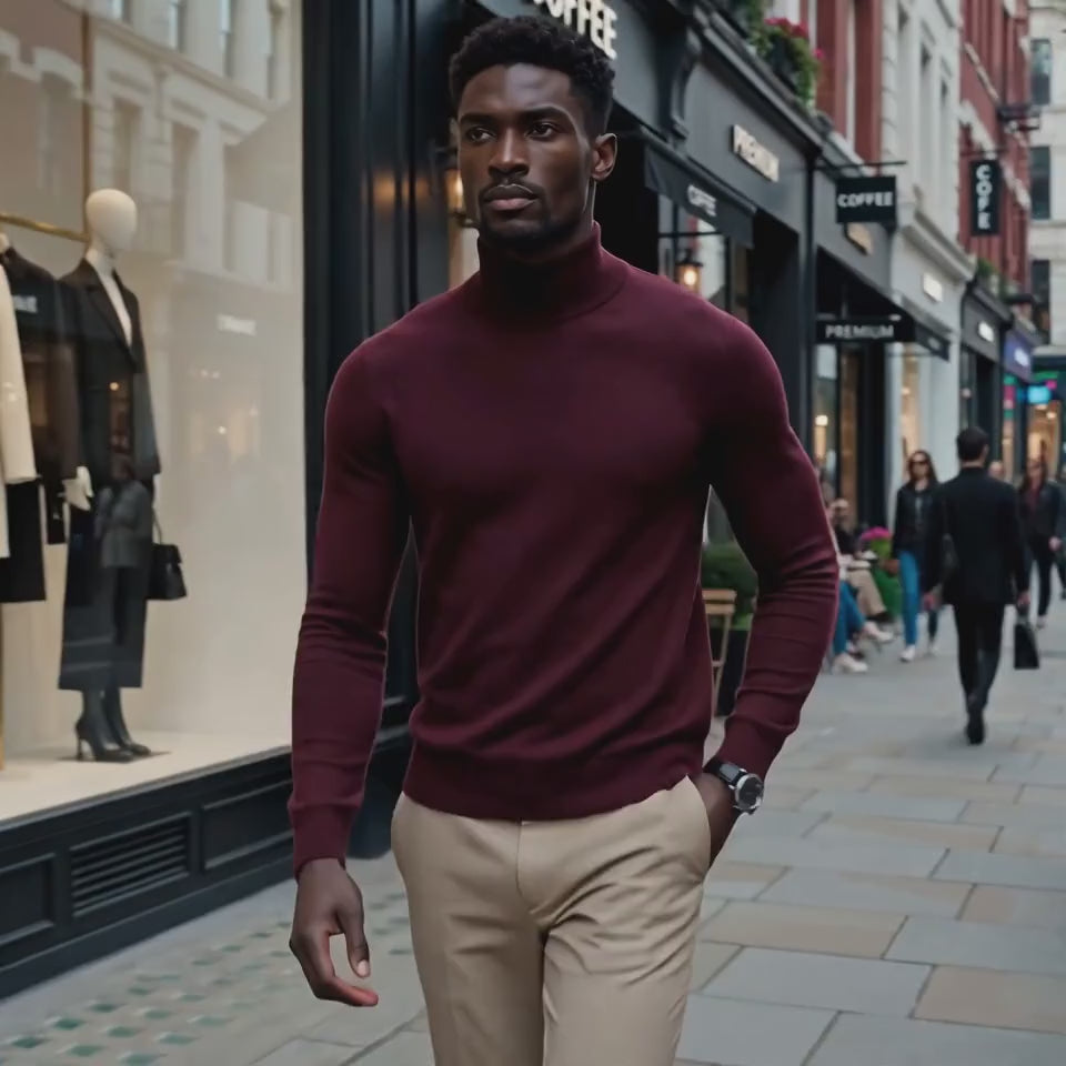 Men's Mock Turtleneck - Vogue high fashion burgundy city video