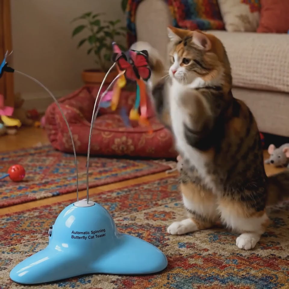 Automatic Spinning Butterfly Cat Teaser - calico cat chasing butterflies