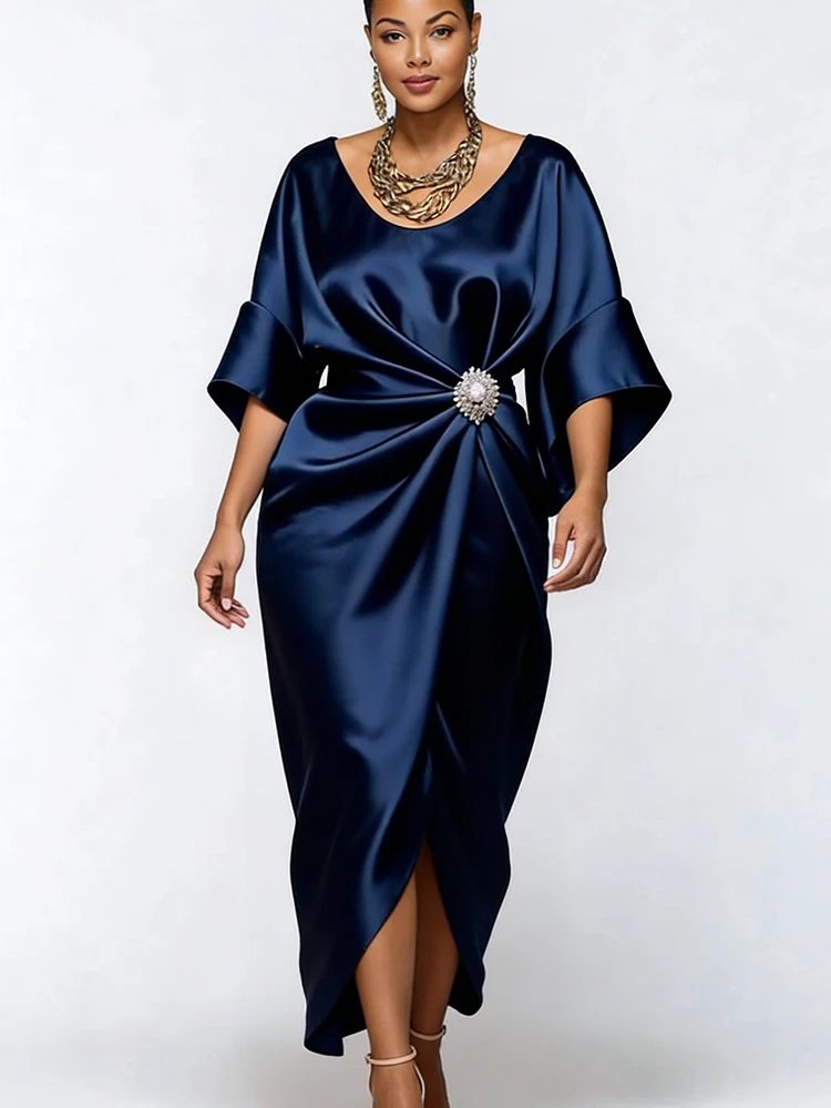Satin Batwing Midi Dress with Rhinestone Detail