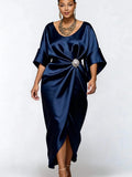 Satin Batwing Midi Dress with Rhinestone Detail