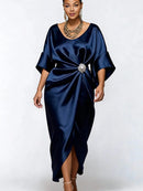 Satin Batwing Midi Dress with Rhinestone Detail