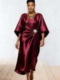 Satin Batwing Midi Dress with Rhinestone Detail