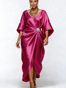 Satin Batwing Midi Dress with Rhinestone Detail