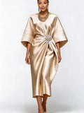 Satin Batwing Midi Dress with Rhinestone Detail
