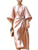 Satin Batwing Midi Dress with Rhinestone Detail