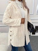 Thickened Plush Button Hooded Women's Cardigan Solid Color Long Sleeved Warm Swe