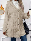 Thickened Plush Button Hooded Women's Cardigan Solid Color Long Sleeved Warm Swe