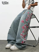 UPTHE Men's Baggy Wide Leg Jeans, Cherry Blossom Embroidered Denim Pants, Vintag