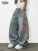 UPTHE Men's Baggy Wide Leg Jeans, Cherry Blossom Embroidered Denim Pants, Vintag