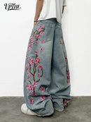 UPTHE Men's Baggy Wide Leg Jeans, Cherry Blossom Embroidered Denim Pants, Vintag