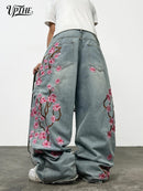 UPTHE Men's Baggy Wide Leg Jeans, Cherry Blossom Embroidered Denim Pants, Vintag