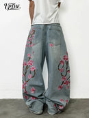 UPTHE Men's Baggy Wide Leg Jeans, Cherry Blossom Embroidered Denim Pants, Vintag