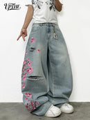 UPTHE Men's Baggy Wide Leg Jeans, Cherry Blossom Embroidered Denim Pants, Vintag