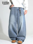 UPTHE Men's Baggy Wide Leg Jeans, Light Blue Gradient Washed Loose Fit Denim Pan