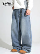 UPTHE Men's Baggy Wide Leg Jeans, Light Blue Gradient Washed Loose Fit Denim Pan