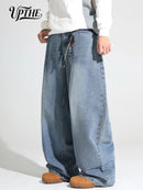 UPTHE Men's Baggy Wide Leg Jeans, Light Blue Gradient Washed Loose Fit Denim Pan