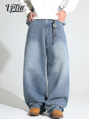 UPTHE Men's Baggy Wide Leg Jeans, Light Blue Gradient Washed Loose Fit Denim Pan