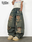 UPTHE Men's Baggy Wide Leg Ripped Jeans, Vintage Mud Wash Distressed Multi-layer