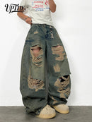 UPTHE Men's Baggy Wide Leg Ripped Jeans, Vintage Mud Wash Distressed Multi-layer