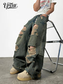 UPTHE Men's Baggy Wide Leg Ripped Jeans, Vintage Mud Wash Distressed Multi-layer