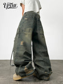 UPTHE Men's Baggy Wide Leg Ripped Jeans, Vintage Mud Wash Distressed Multi-layer