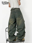 UPTHE Men's Baggy Wide Leg Ripped Jeans, Vintage Mud Wash Distressed Multi-layer