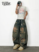 UPTHE Men's Baggy Wide Leg Ripped Jeans, Vintage Mud Wash Distressed Multi-layer
