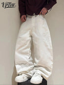 UPTHE Mens White Wide Leg Jeans, Mid Rise Baggy Denim Pants, Loose Relaxed Fit Y