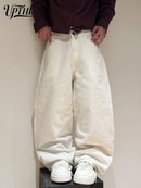 UPTHE Mens White Wide Leg Jeans, Mid Rise Baggy Denim Pants, Loose Relaxed Fit Y