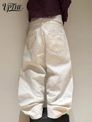 UPTHE Mens White Wide Leg Jeans, Mid Rise Baggy Denim Pants, Loose Relaxed Fit Y