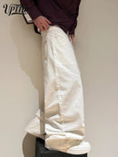 UPTHE Mens White Wide Leg Jeans, Mid Rise Baggy Denim Pants, Loose Relaxed Fit Y
