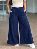 Wide Leg Corduroy Pants with Elastic Back Waist