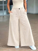 Wide Leg Corduroy Pants with Elastic Back Waist