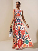 Women Floral Embroidery Maxi Dress Sleeveless Round Neck A-Line Long Dress Summe