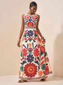 Women Floral Embroidery Maxi Dress Sleeveless Round Neck A-Line Long Dress Summe