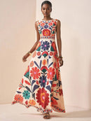 Women Floral Embroidery Maxi Dress Sleeveless Round Neck A-Line Long Dress Summe