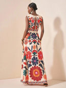 Women Floral Embroidery Maxi Dress Sleeveless Round Neck A-Line Long Dress Summe