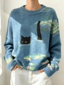 Women Light Blue Loose Knit Sweater Cute Black Cat Swimming In Ocean Oil Paintin