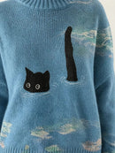 Women Light Blue Loose Knit Sweater Cute Black Cat Swimming In Ocean Oil Paintin