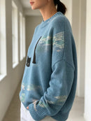 Women Light Blue Loose Knit Sweater Cute Black Cat Swimming In Ocean Oil Paintin