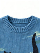Women Light Blue Loose Knit Sweater Cute Black Cat Swimming In Ocean Oil Paintin