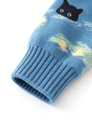 Women Light Blue Loose Knit Sweater Cute Black Cat Swimming In Ocean Oil Paintin
