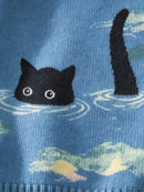 Women Light Blue Loose Knit Sweater Cute Black Cat Swimming In Ocean Oil Paintin