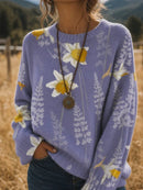 Women's Printed Sweater, with a Pale Purple vintage Tulip Flower Pattern, Round