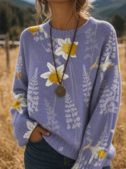 Women's Printed Sweater, with a Pale Purple vintage Tulip Flower Pattern, Round
