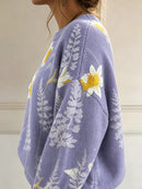 Women's Printed Sweater, with a Pale Purple vintage Tulip Flower Pattern, Round