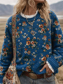Women's vintage Knitted Printed Blue Ribbed Sweater with Western Daisy Wildflowe