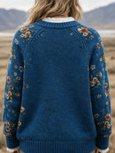 Women's vintage Knitted Printed Blue Ribbed Sweater with Western Daisy Wildflowe