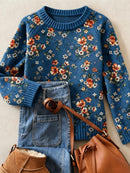 Women's vintage Knitted Printed Blue Ribbed Sweater with Western Daisy Wildflowe