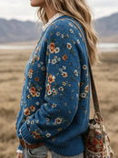 Women's vintage Knitted Printed Blue Ribbed Sweater with Western Daisy Wildflowe